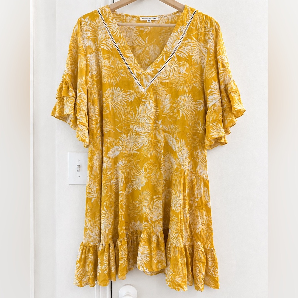 Label of Love Yellow Tropical Print Dress - Flutter Sleeve Boho Dress Sz M